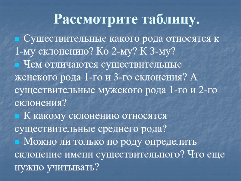 Рассмотрите таблицу. Существительные какого рода относятся к 1-му склонению? Ко 2-му? К 3-му? Чем